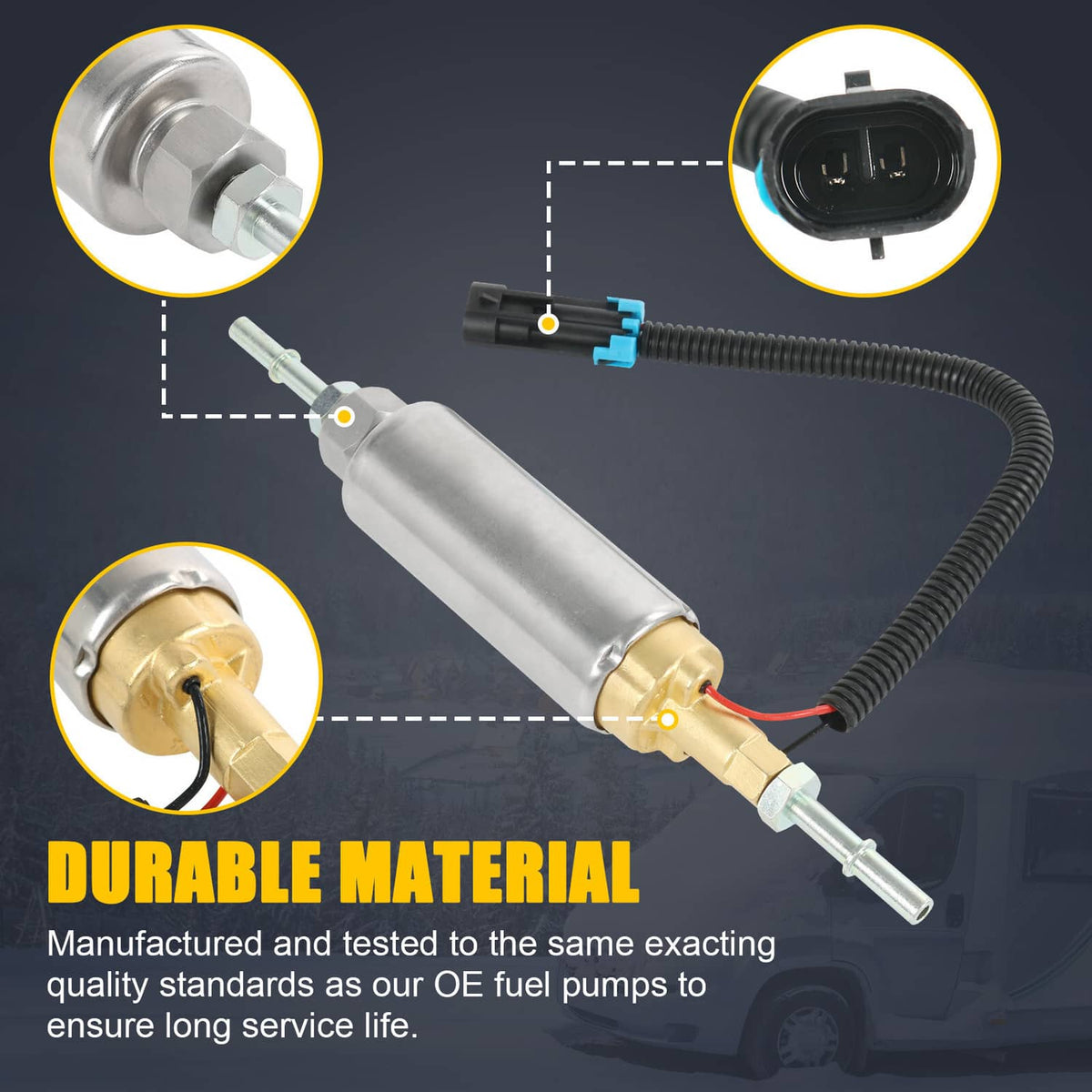 12V EFI fuel pump with metal body and brass pump section, blue wiring connector details