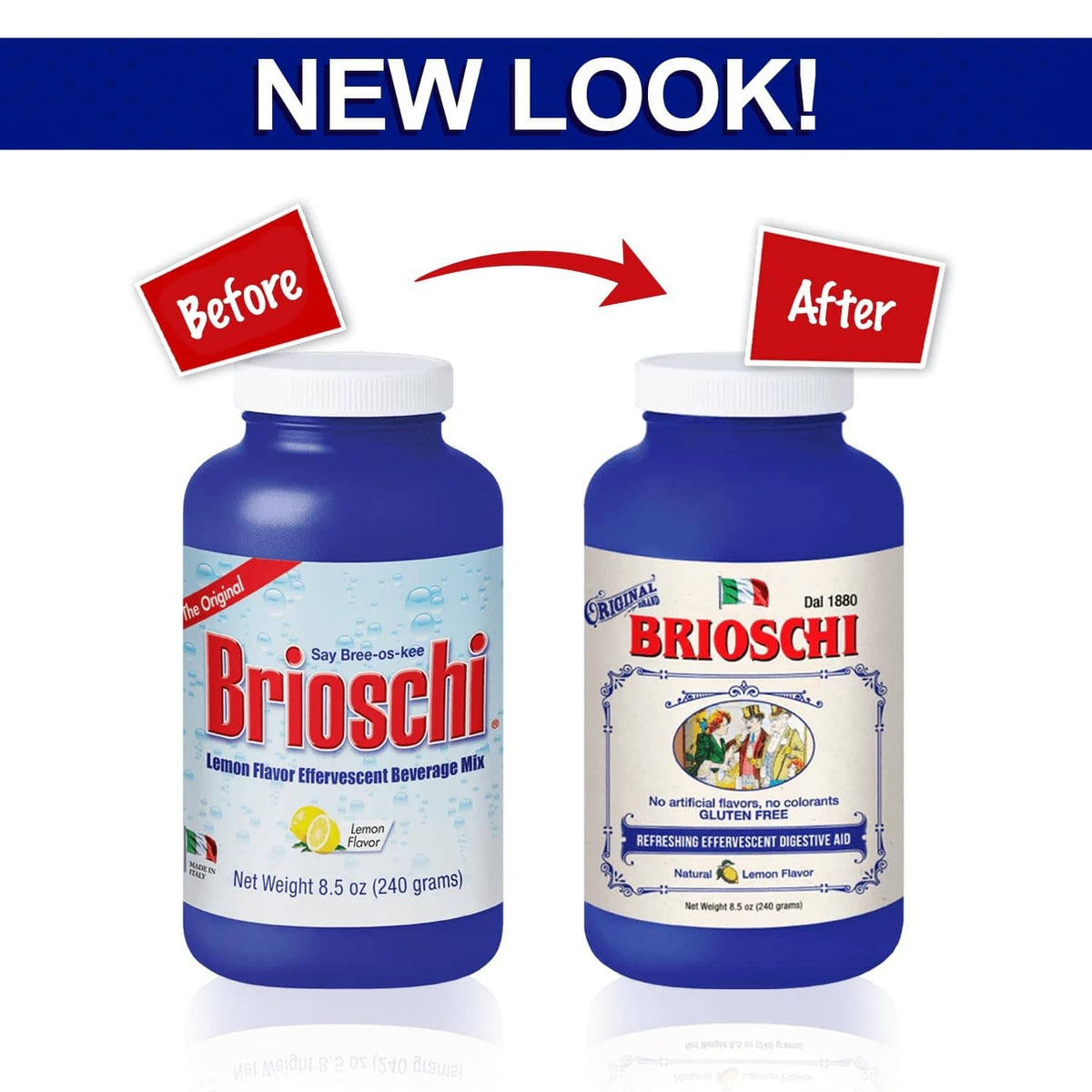 Brioschi effervescent beverage mix bottles shown in Before and After comparison