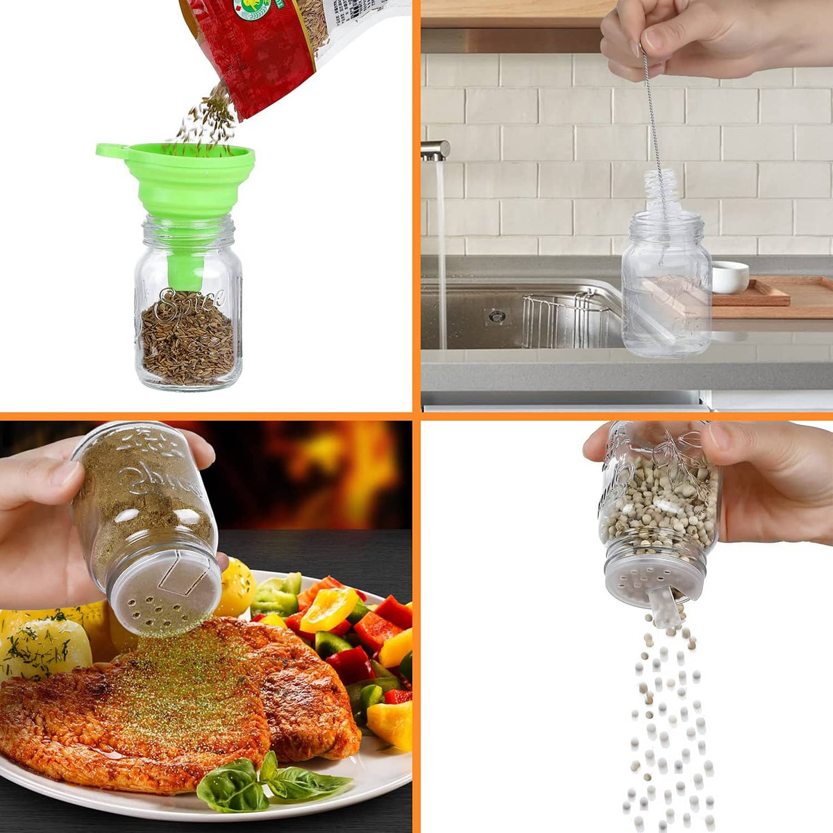 Clear glass spice jar with green funnel, showing poured herbs and spices