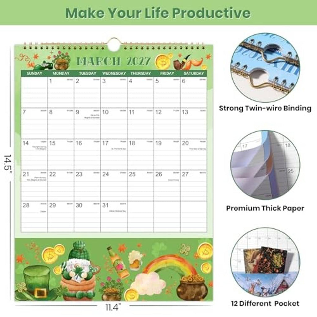 Pocket calendar for March 2027 with spiral binding and festive St. Patrick artwork