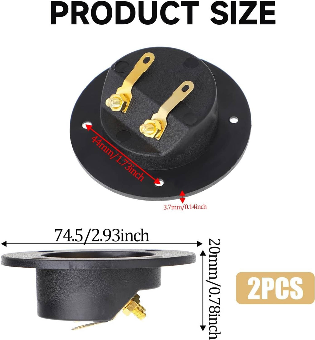 Black speaker terminal cup faceplate with two gold binding posts and mounting holes