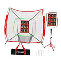 Baseball practice net with red frame, numbered strike zone target, and batting tee