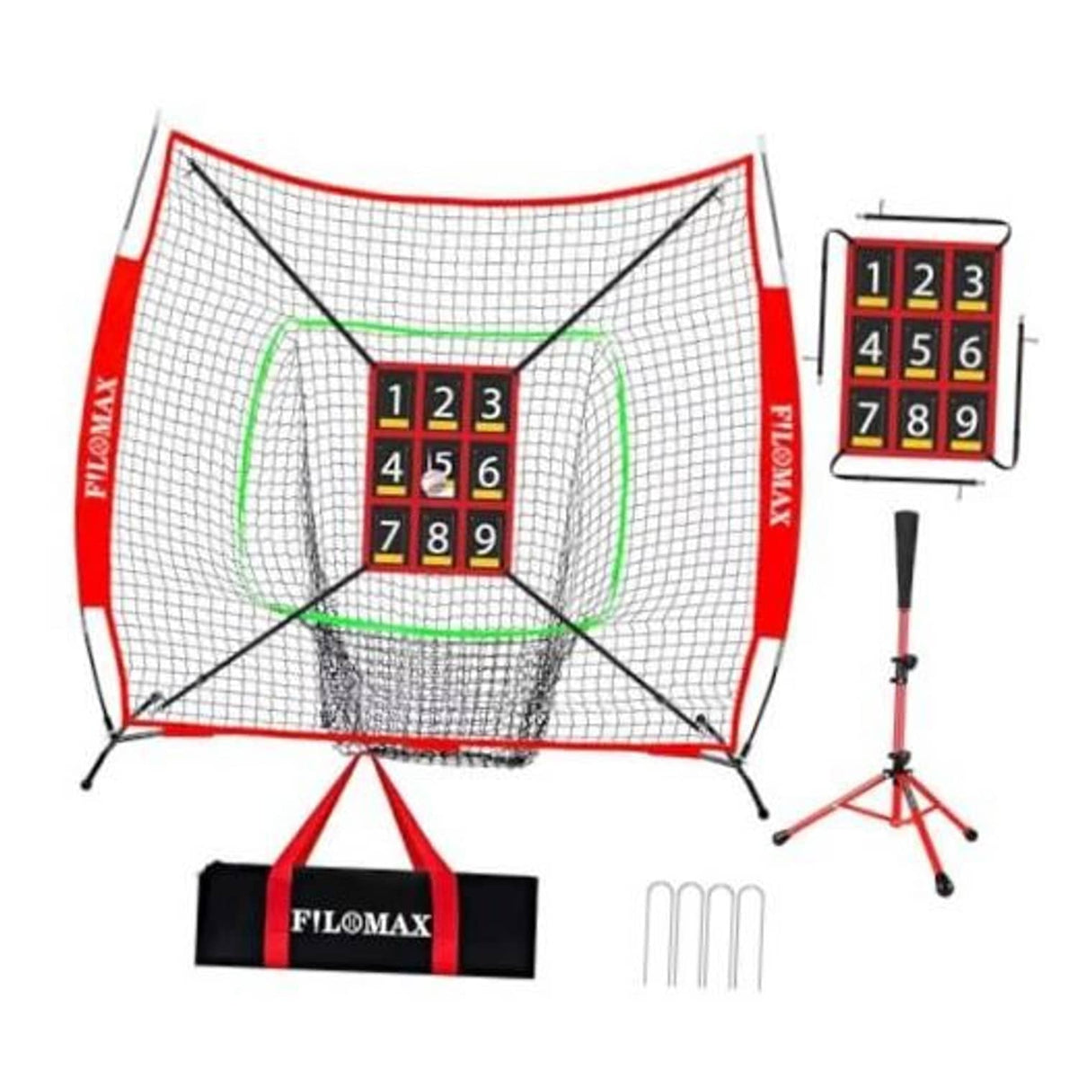 Baseball practice net with red frame, numbered strike zone target, and batting tee