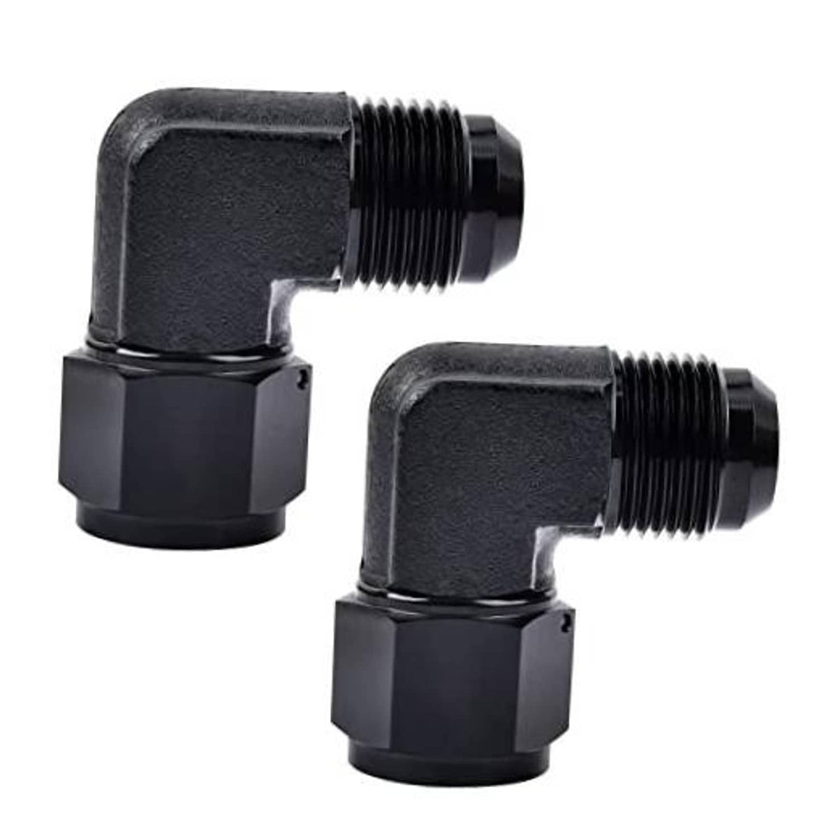 AN10 90-degree swivel flare adapter fitting, black anodized aluminum, male thread