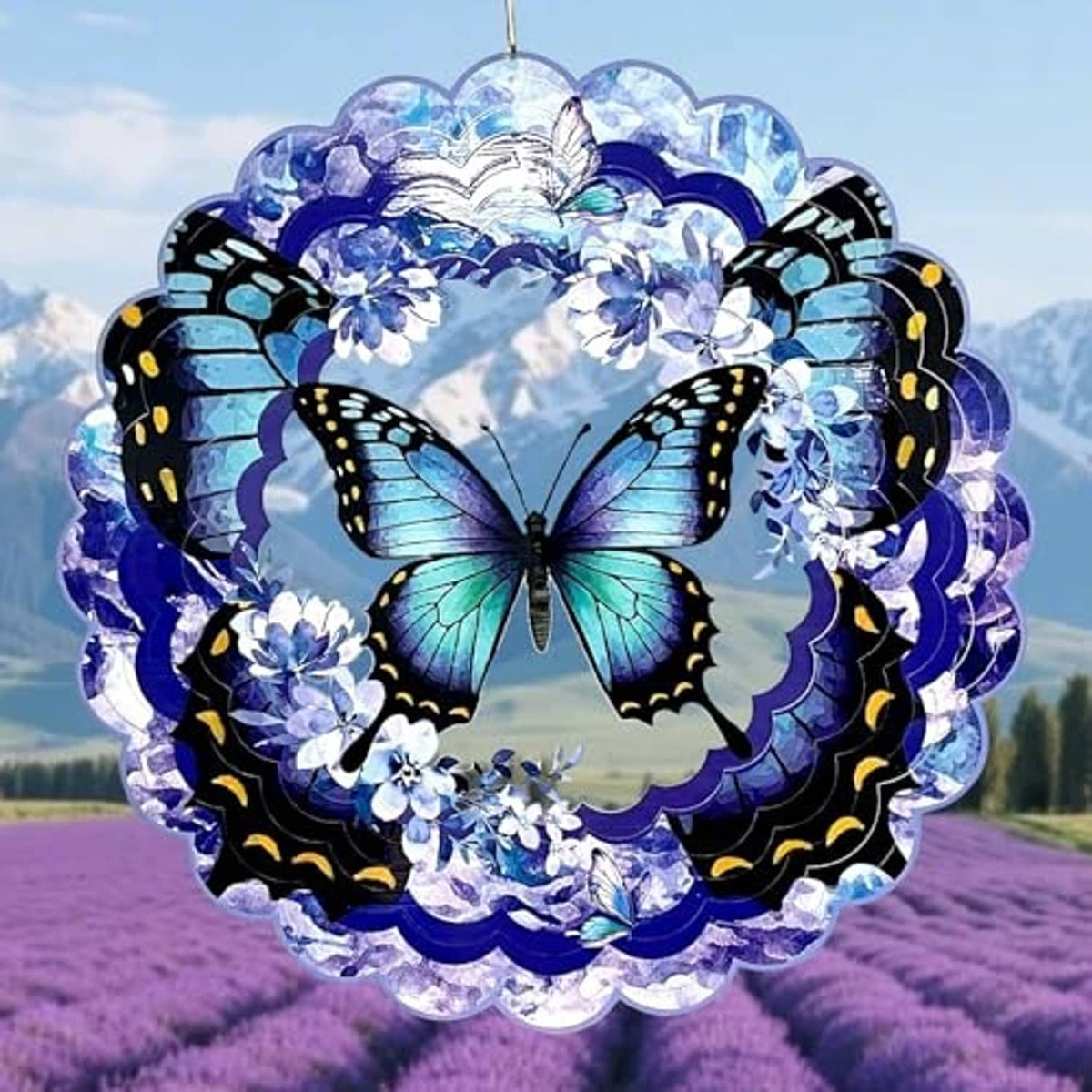 Blue butterfly 3D metal wind spinner with scalloped ring and dangling hanging hook