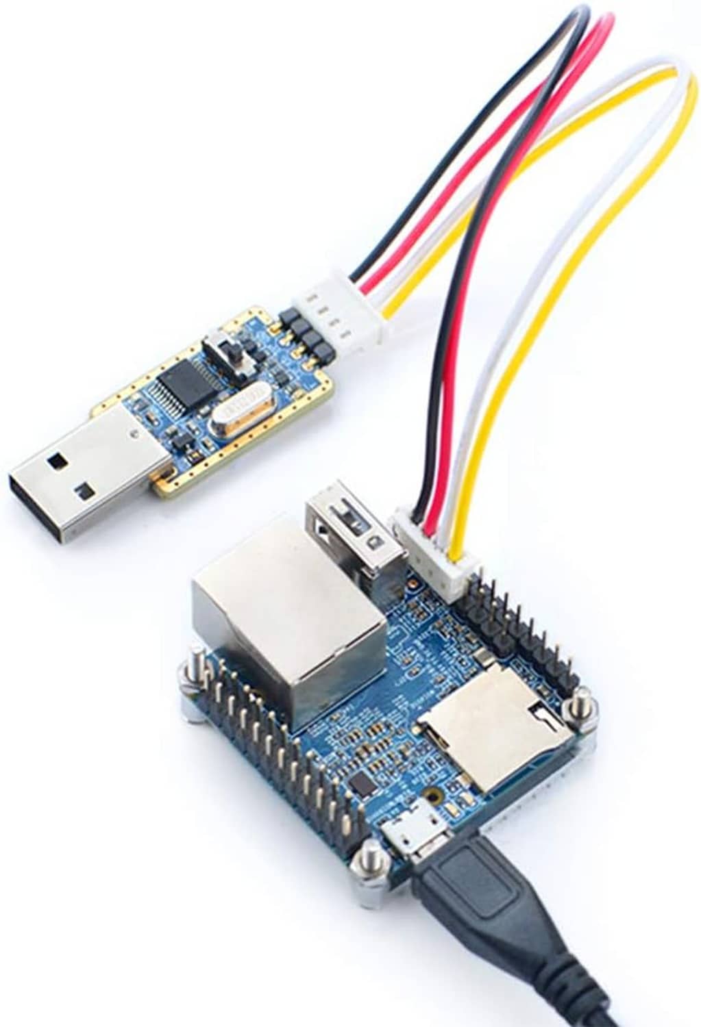 Nanopi NEO H3 development board with attached USB cable and multicolor wires