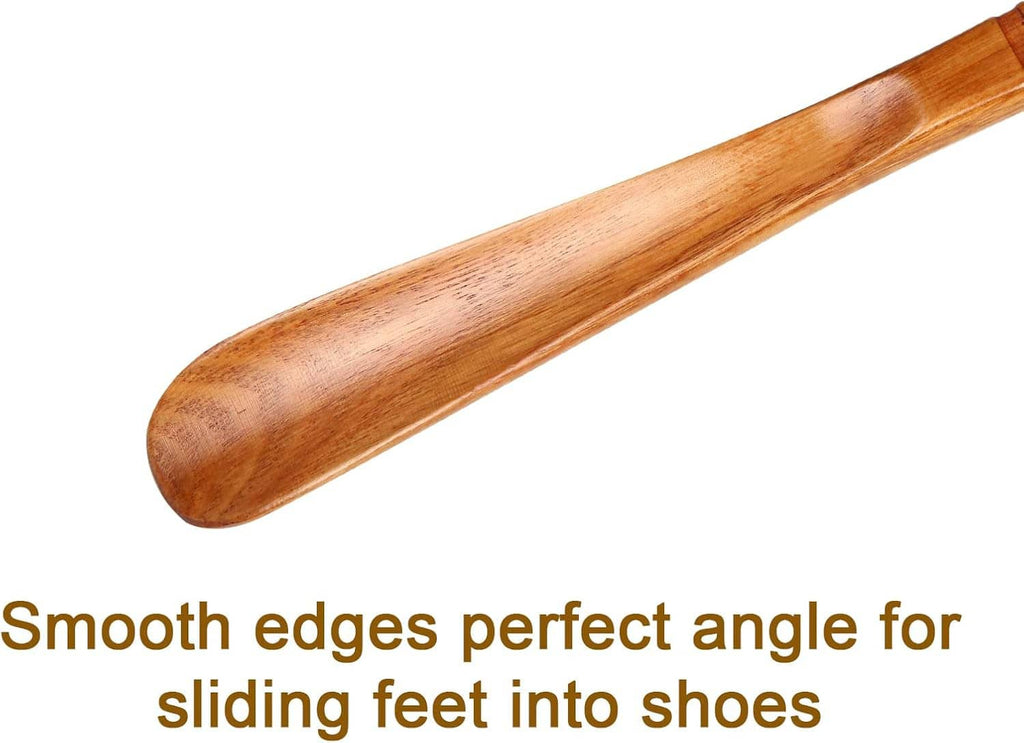 Wooden shoe horn paddle tip with smooth rounded edge on a brown handle