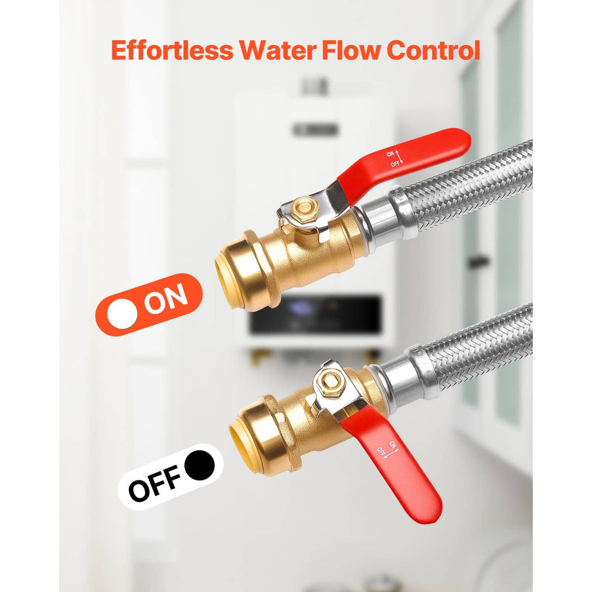 Brass ball valve with red ON/OFF lever on stainless braided hose