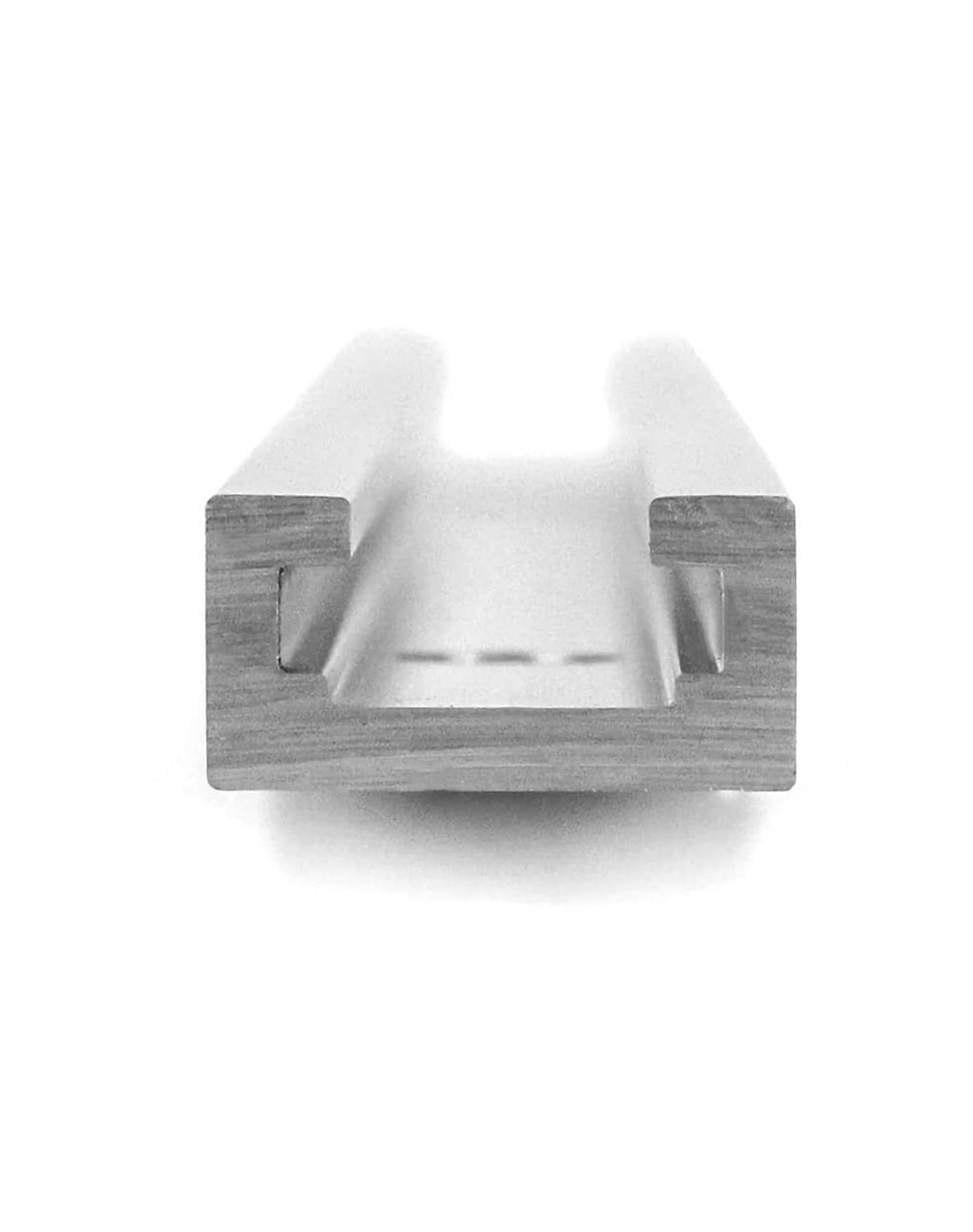 Silver aluminum T-track rail with center groove and side slots for mounting