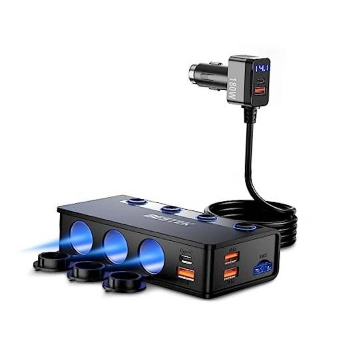 Black 3-port car cigarette lighter splitter with blue-lit USB and power sockets.