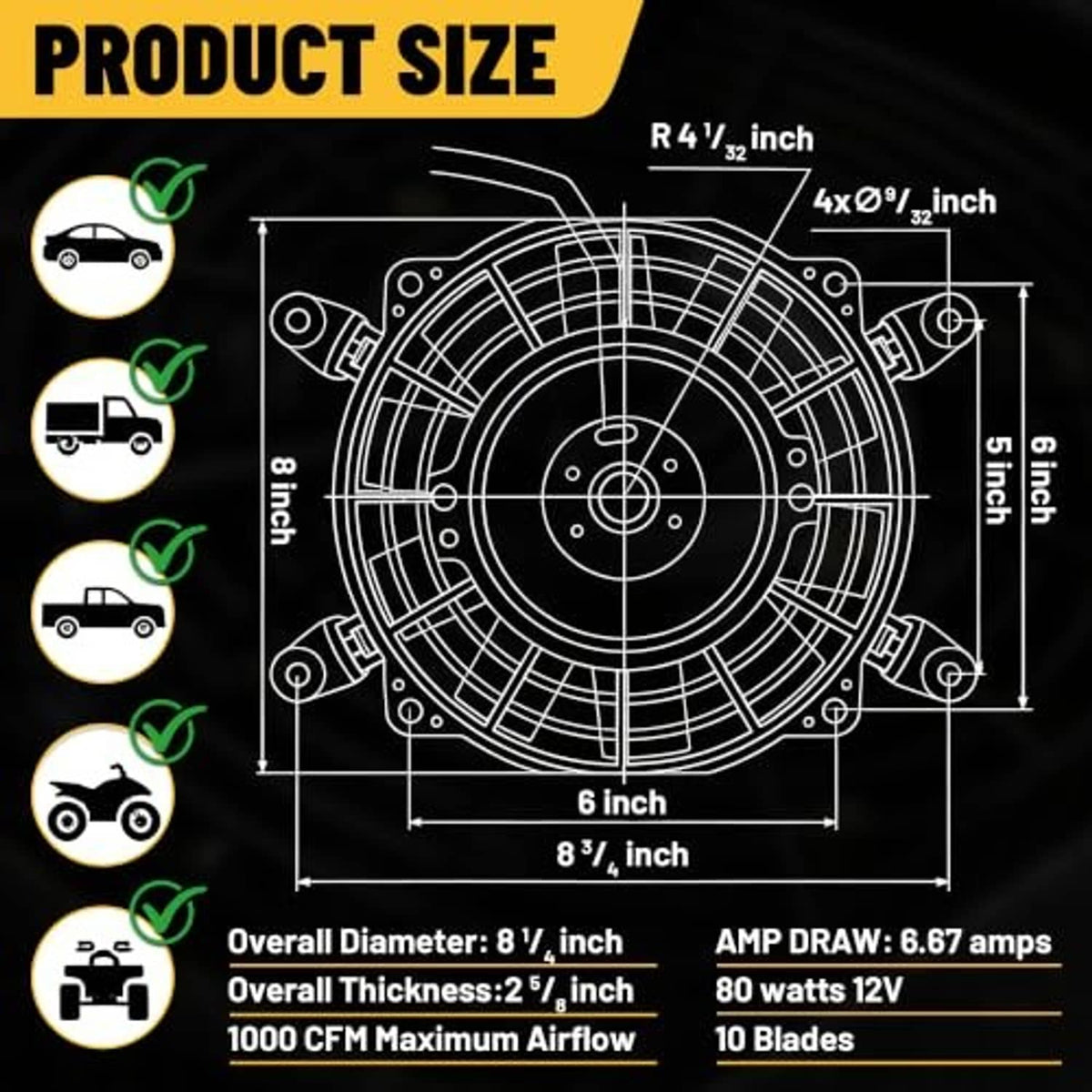Diagram of an 8-inch electric radiator cooling fan with mounting points and dimensions
