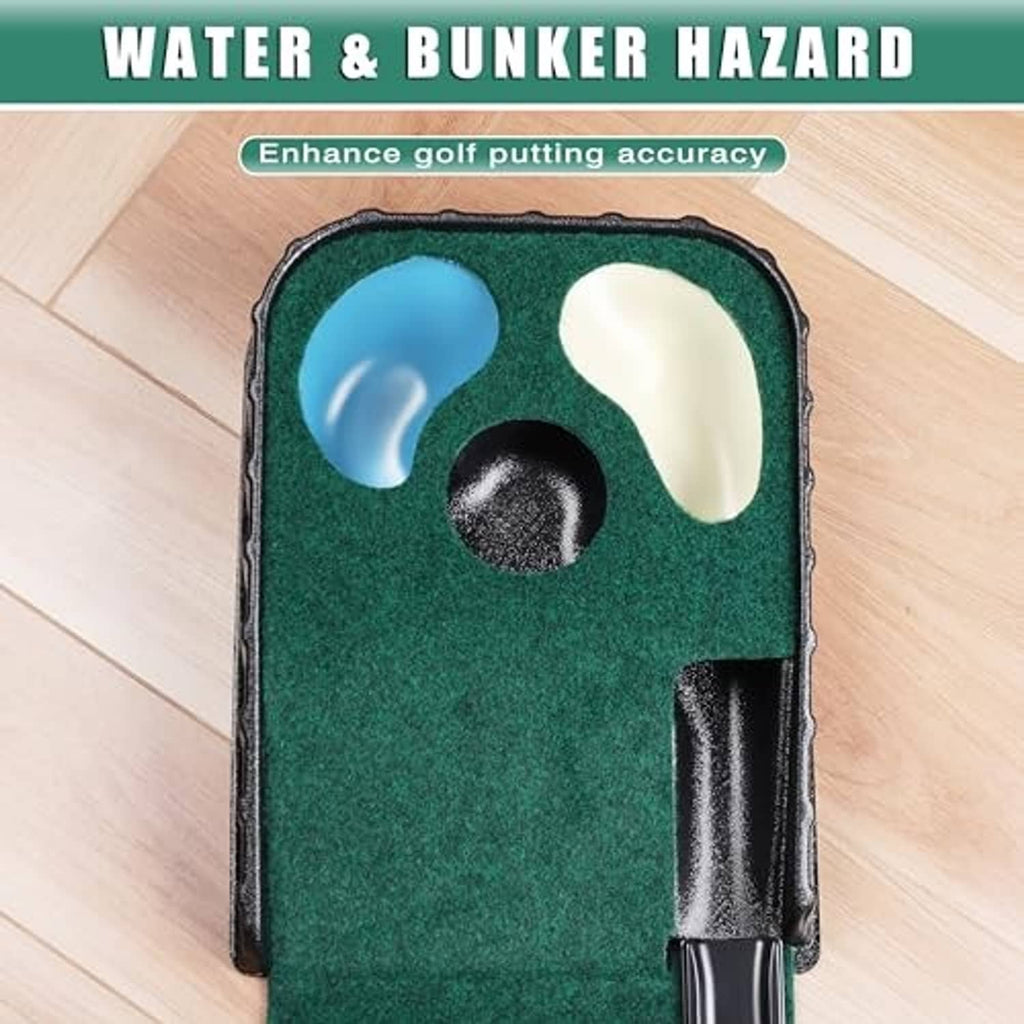Green putting mat insert with curved water-and-bunker hazard sections and ball return