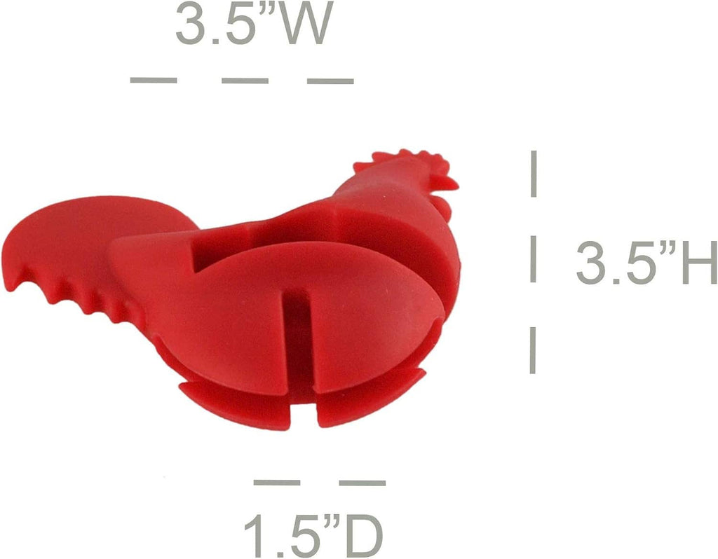 Red rooster spoon holder with size markings: 3.5W, 3.5H, 1.5D