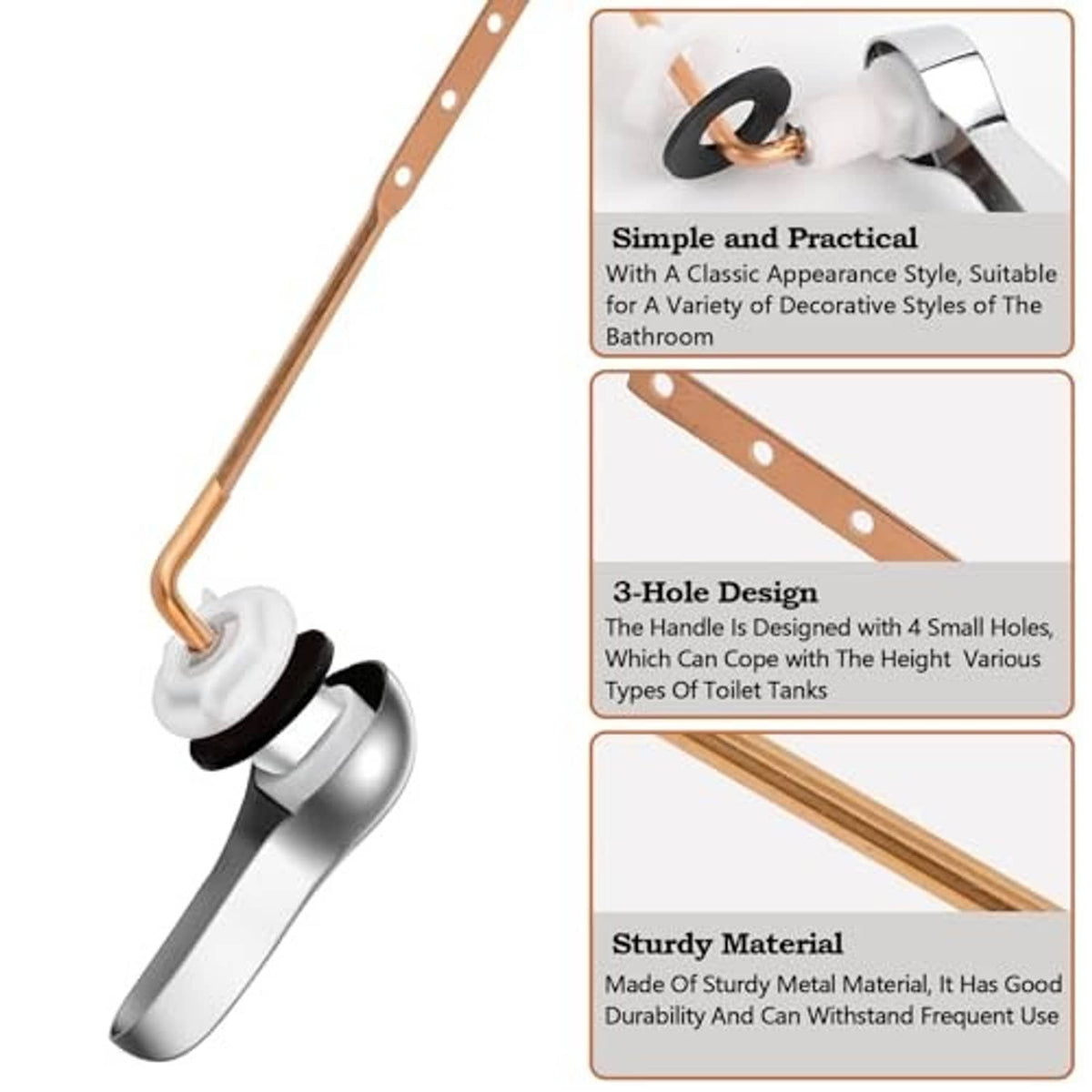 Toilet flush handle replacement kit with copper bar, silver lever handle, and black rubber ring