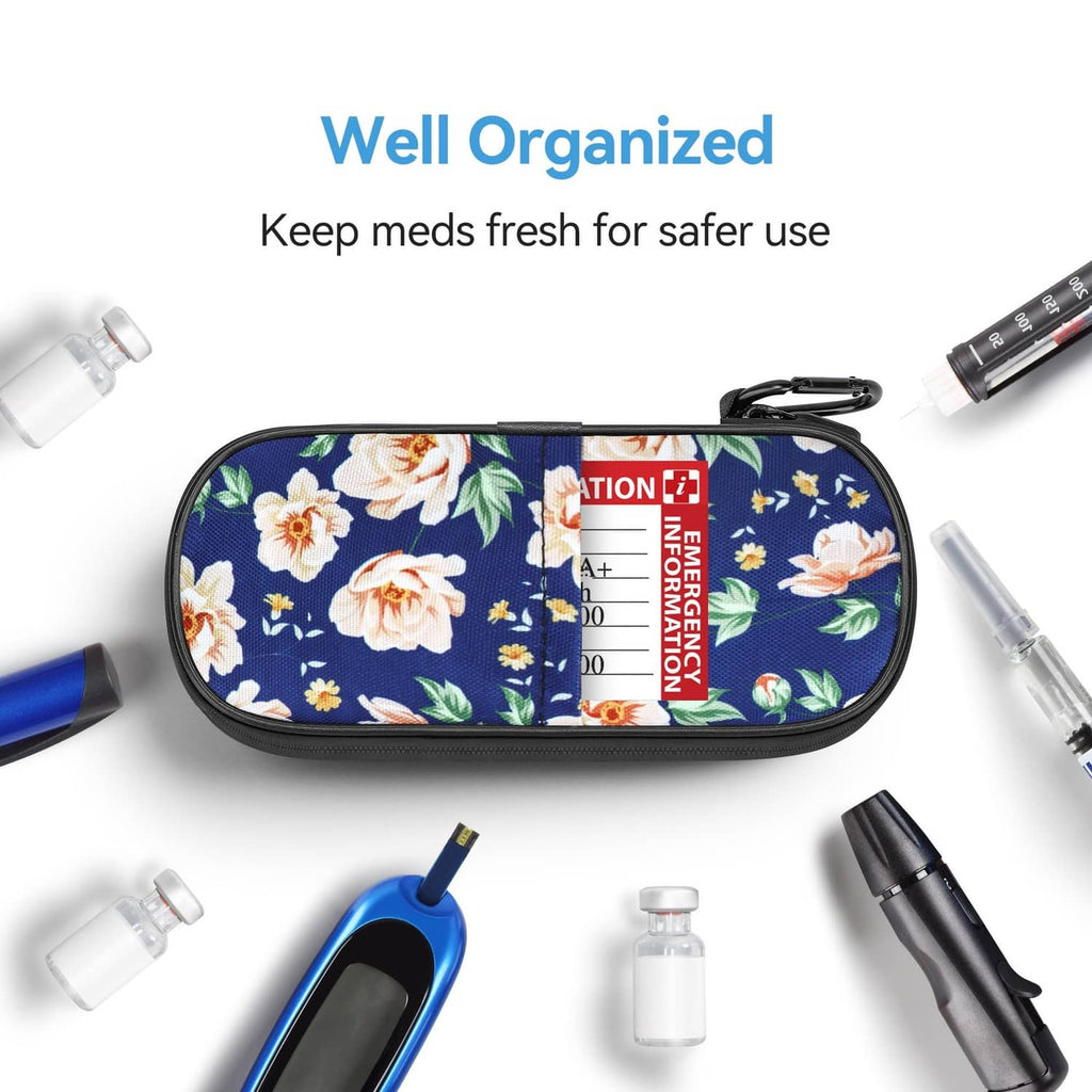Floral insulin cooler travel case, navy fabric with roses pattern and front zipper