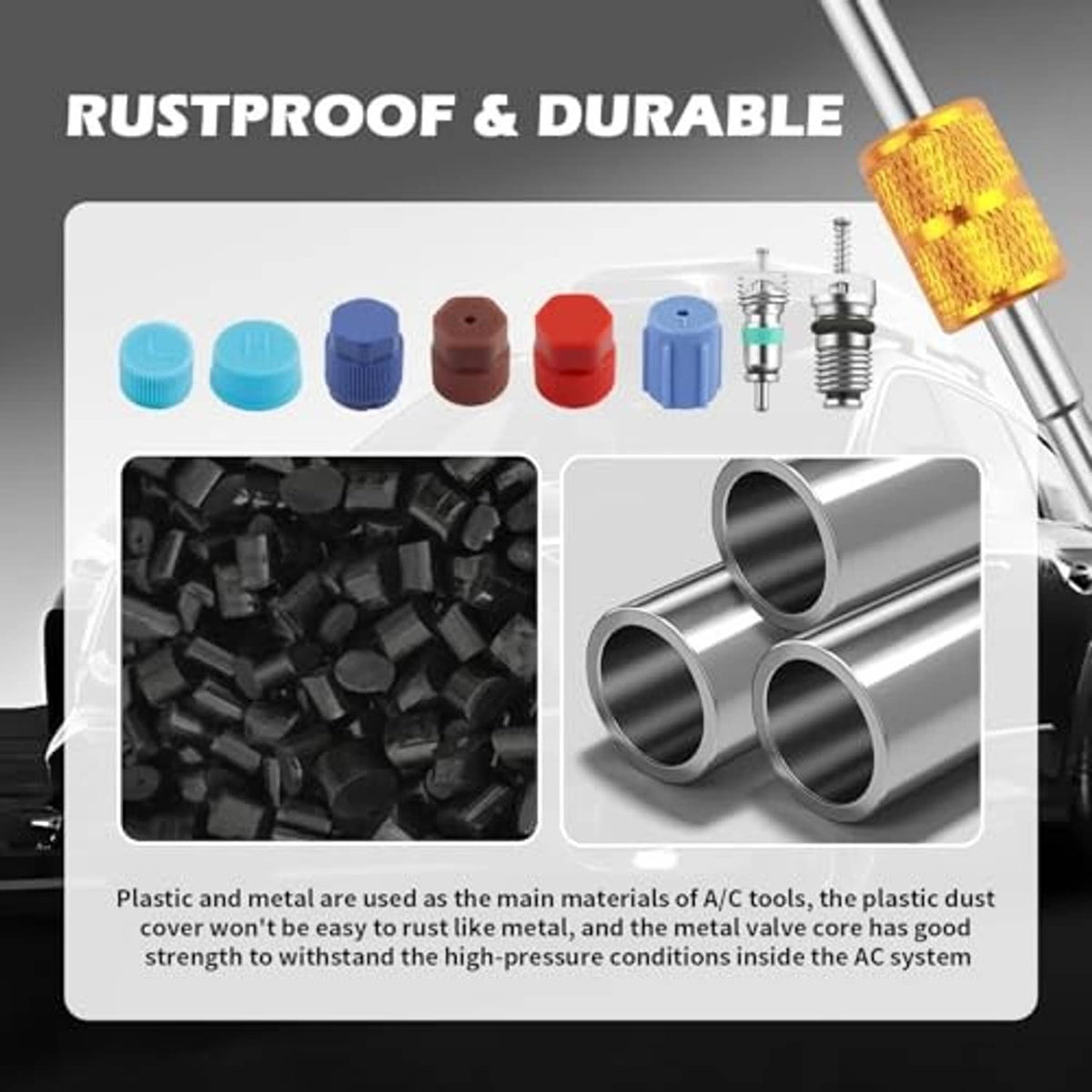Car AC valve core kit with colored caps, metal valve cores, and amber insertion tool with durability icons