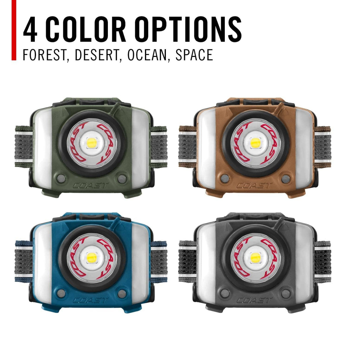 Set of rechargeable LED headlamps in four colors with elastic head straps