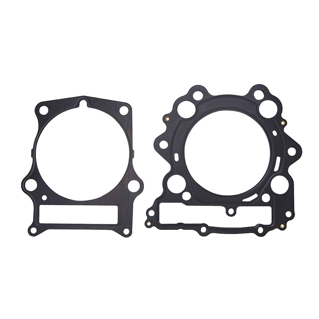 Top and bottom end gasket kit with two black sealing gaskets and mounting bolt holes