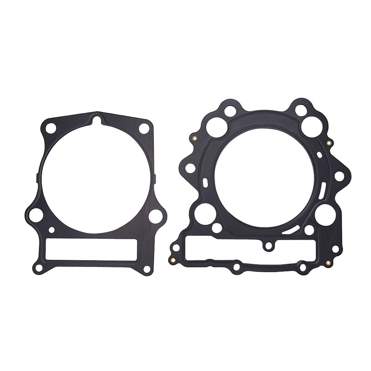 Top and bottom end gasket kit with two black sealing gaskets and mounting bolt holes