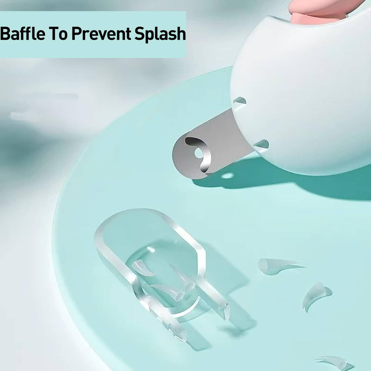 White cat nail clipper with splash-baffle opening and clear debris guard