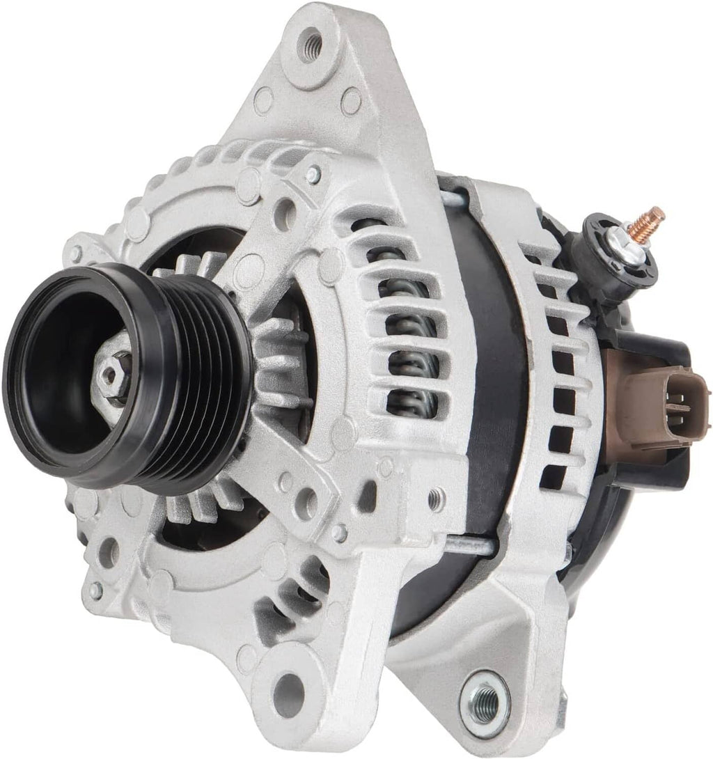 Engine alternator with pulley, silver housing, and electrical terminals for a compact vehicle