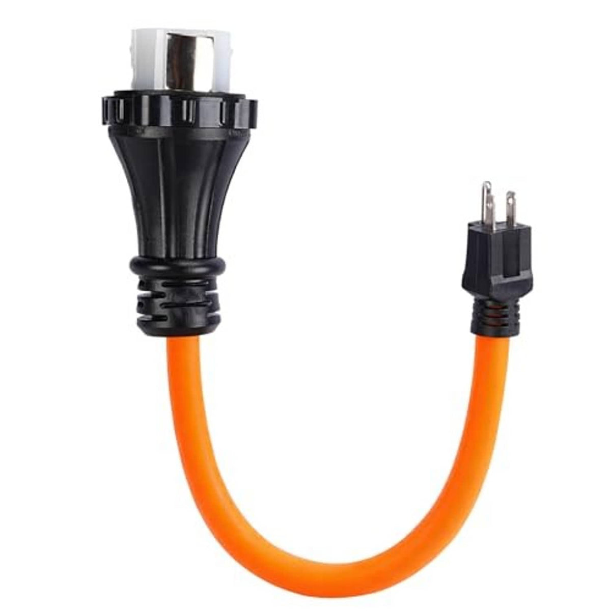 Orange RV adapter cord with black twist-lock connector and 3-prong male plug