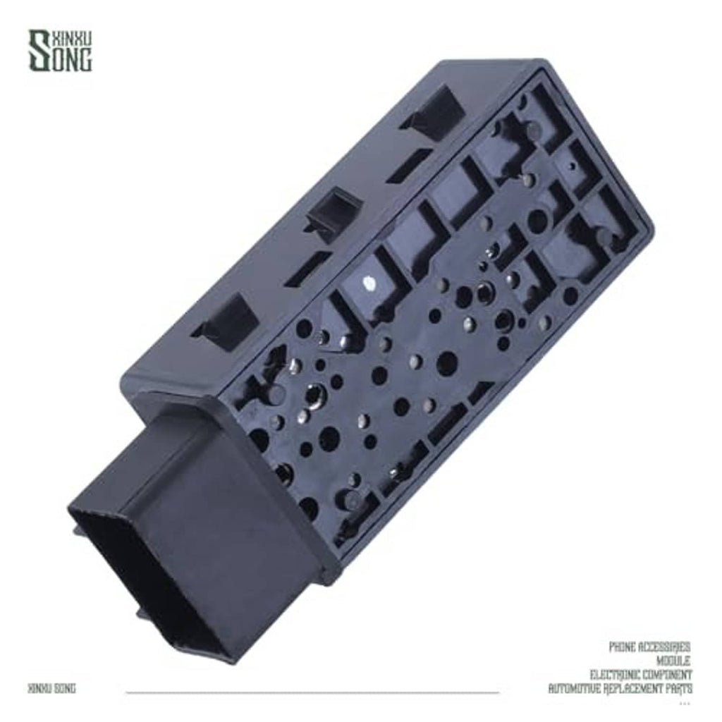 Black 6-way seat switch, underside with connector pins and contact plate