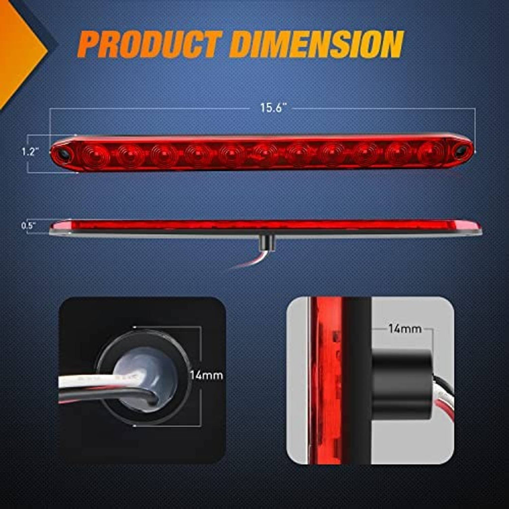 Red LED trailer light bar with length and thickness dimensions
