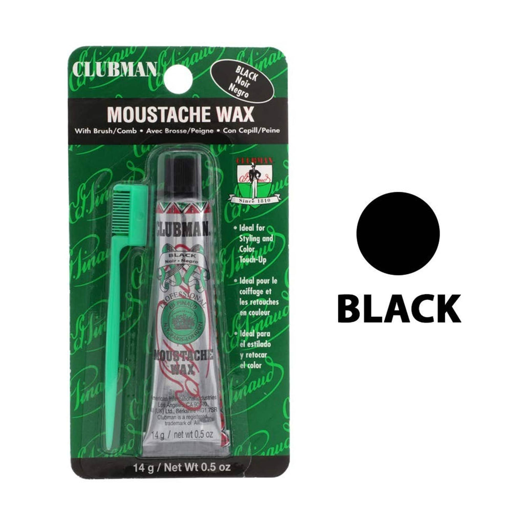 Black mustache wax tube with applicator, 0.5 oz, on green hanging card