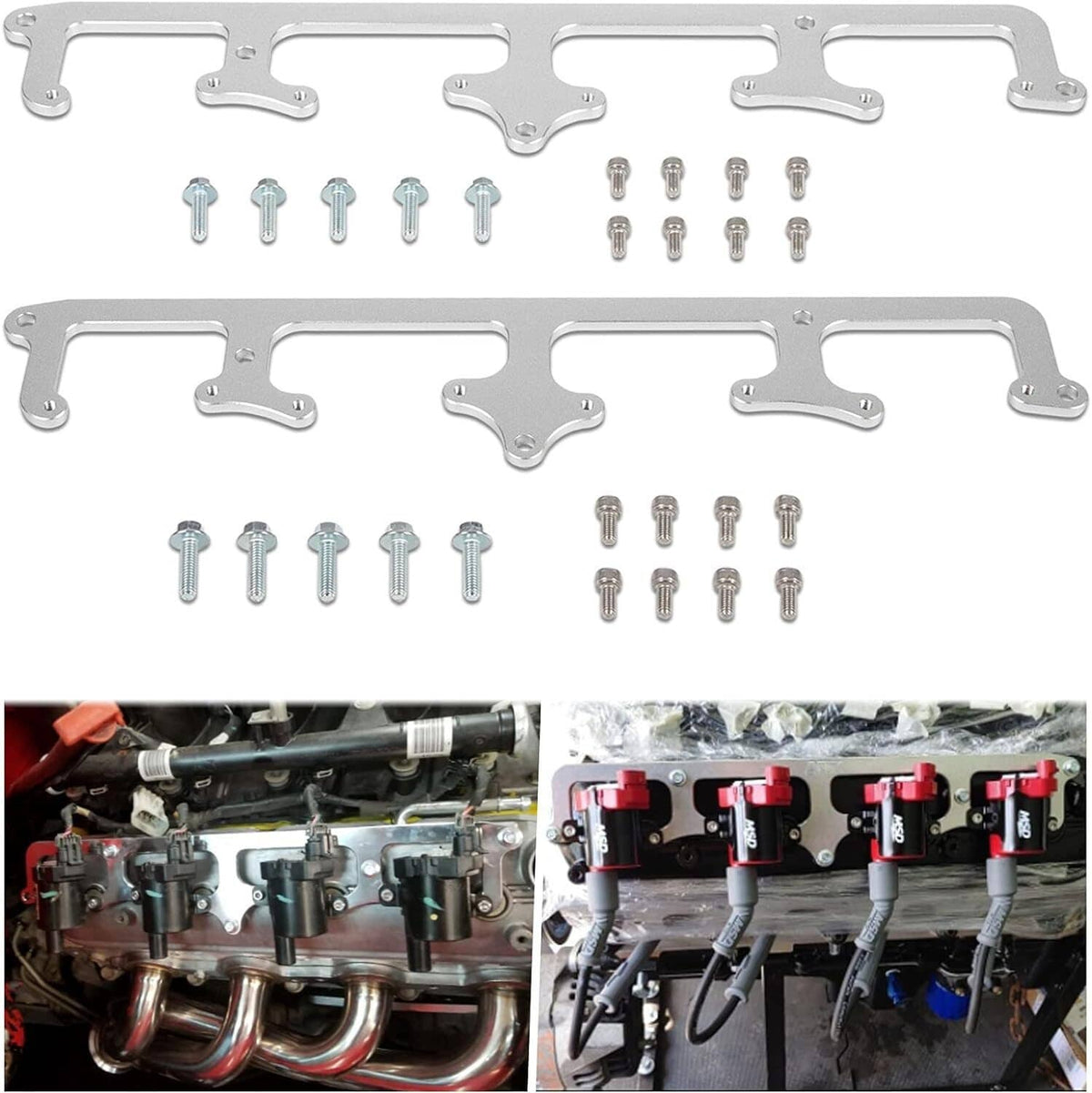 Billet aluminum coil bracket pairs with hardware bolts and washers, silver finish