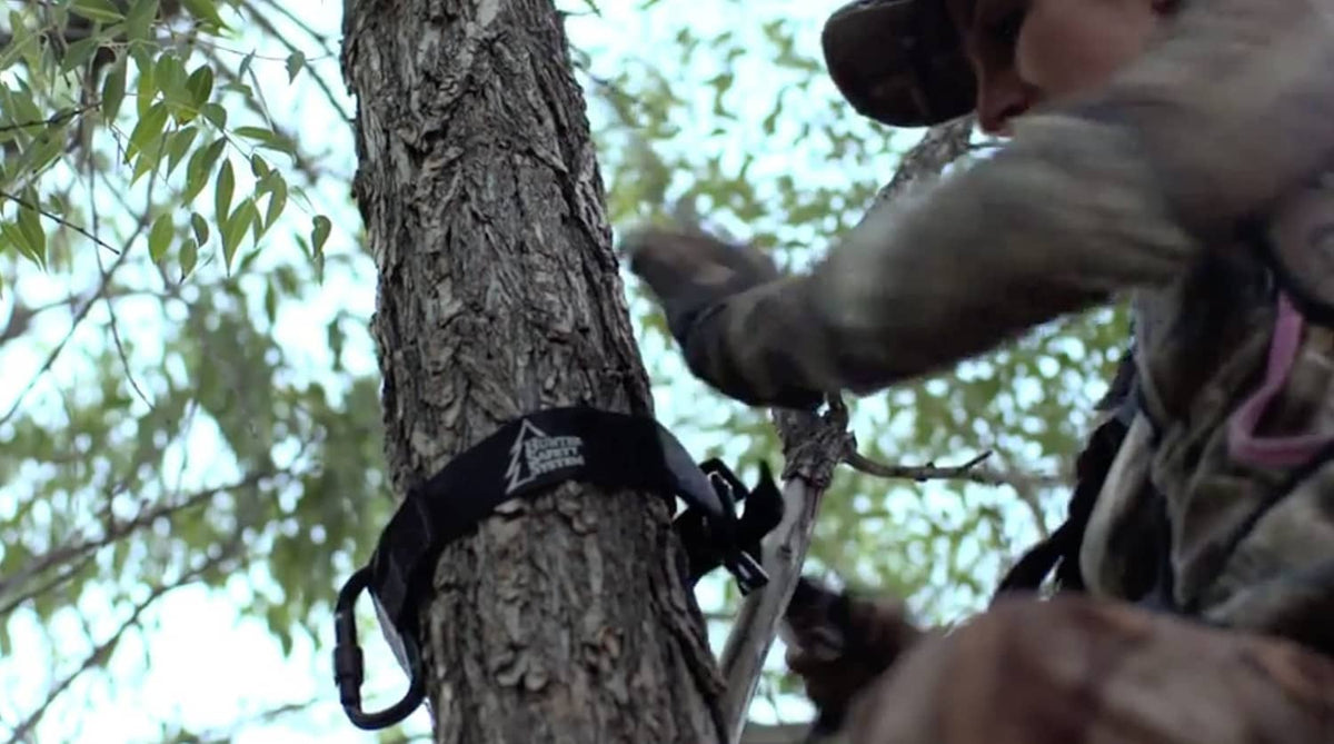 Tree strap wrap around bark with carabiner clip for securing to trees
