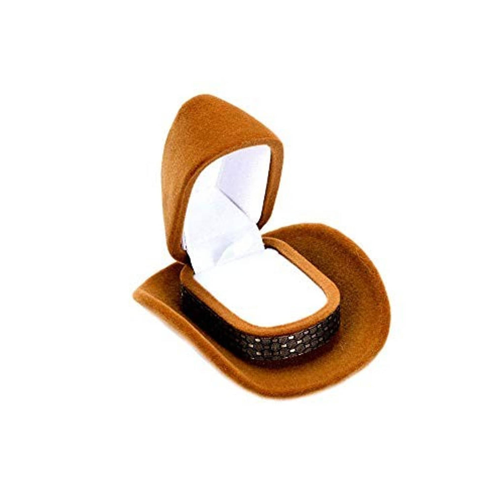 Brown velvet cowboy hat jewelry box with open top and ring-shaped insert