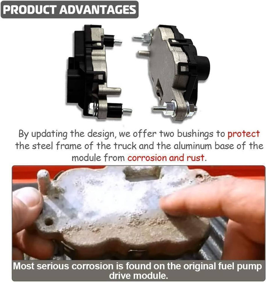 Fuel pump driver module accessory bushings shown for corrosion protection, black and silver.