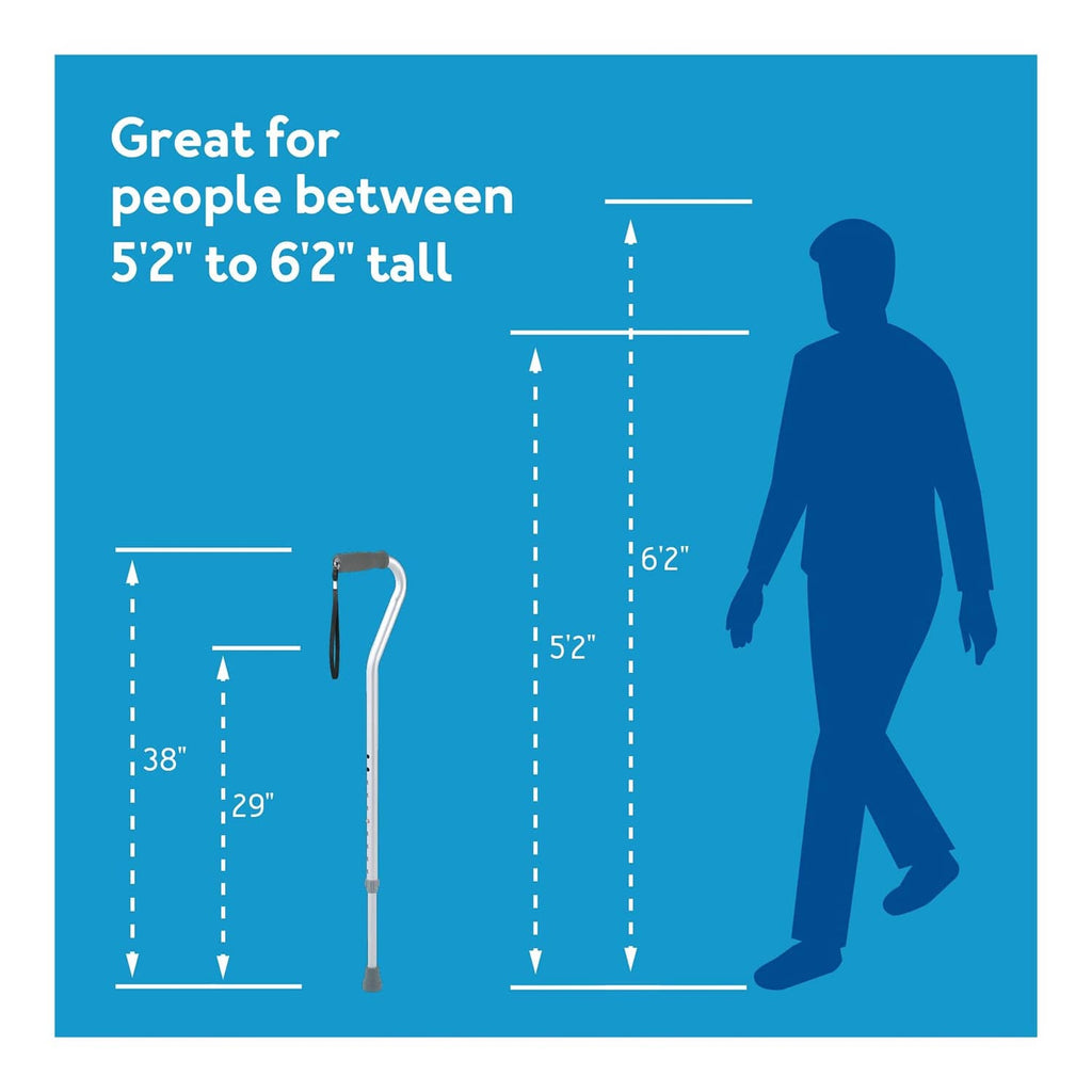 Offset cane with adjustable height and anti-slip tip for stable standing