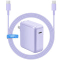 Purple USB-C charging cable with compact wall charger brick and USB-C plug