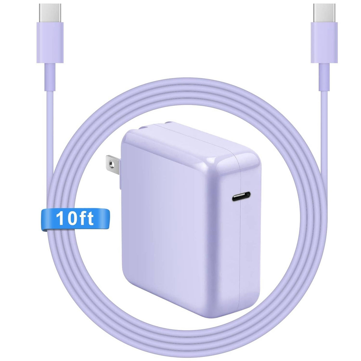 Purple USB-C charging cable with compact wall charger brick and USB-C plug
