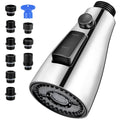Chrome pull-down faucet head replacement with black spray selector and multi-hole nozzle