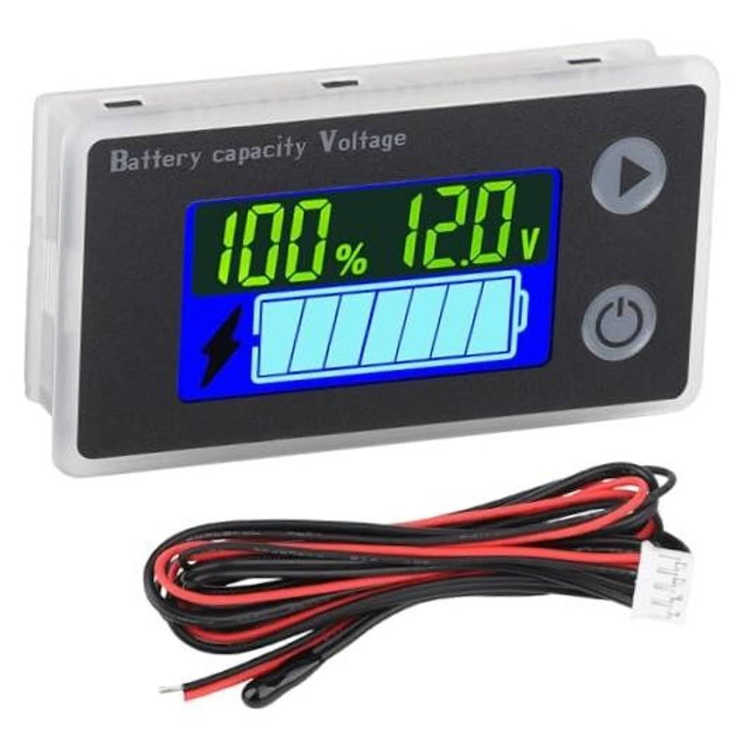 Digital battery voltage monitor with blue-ring LCD screen and black mounting frame
