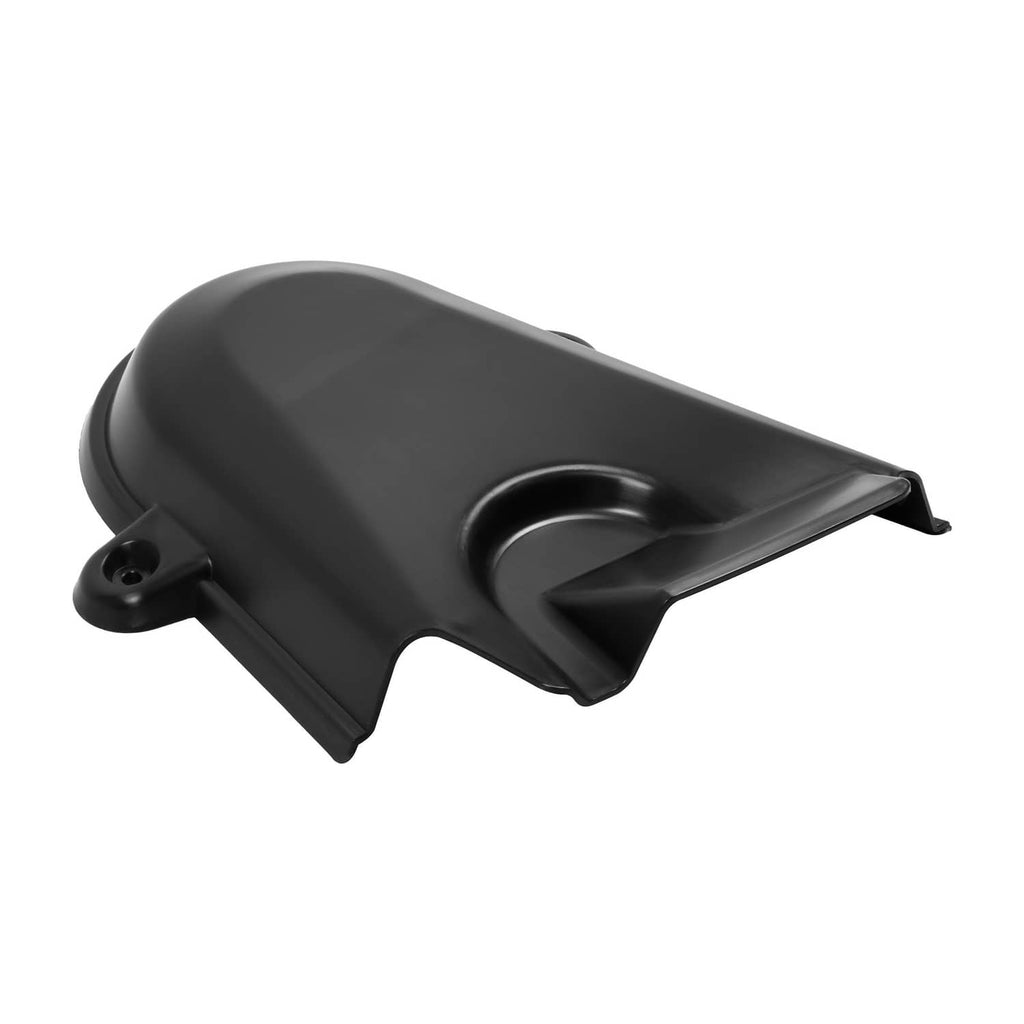 Left-side deck pulley cover, black molded plastic with curved guard opening