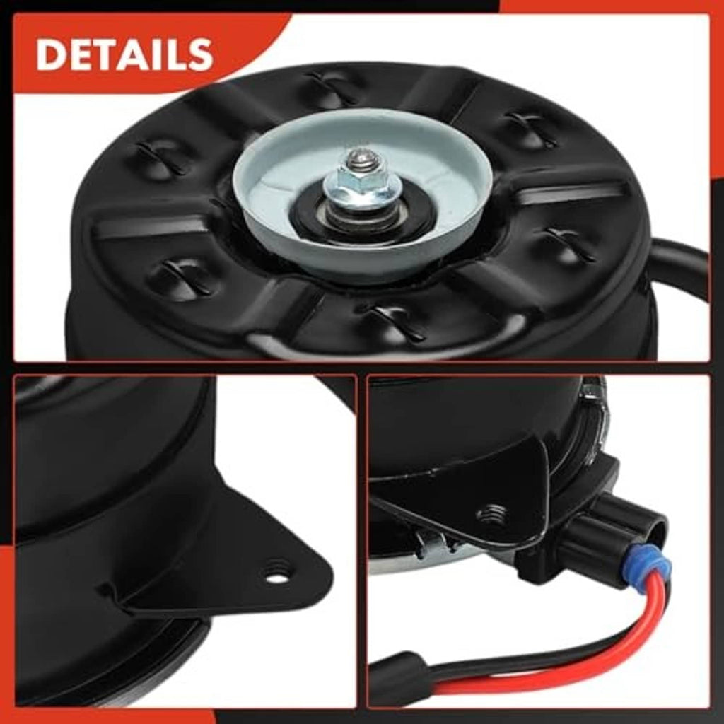 Black radiator fan motor close-up with circular top plate and blue-red wire leads
