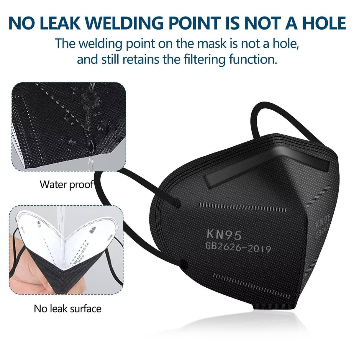 Black KN95 face mask with sealed seam design and molded nose bridge
