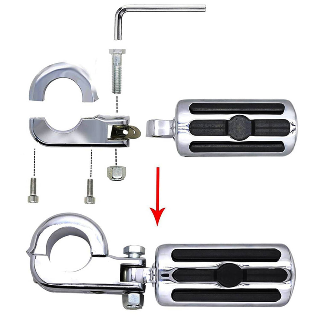 Motorcycle engine crash bar footpegs, chrome housings with black rubber inserts