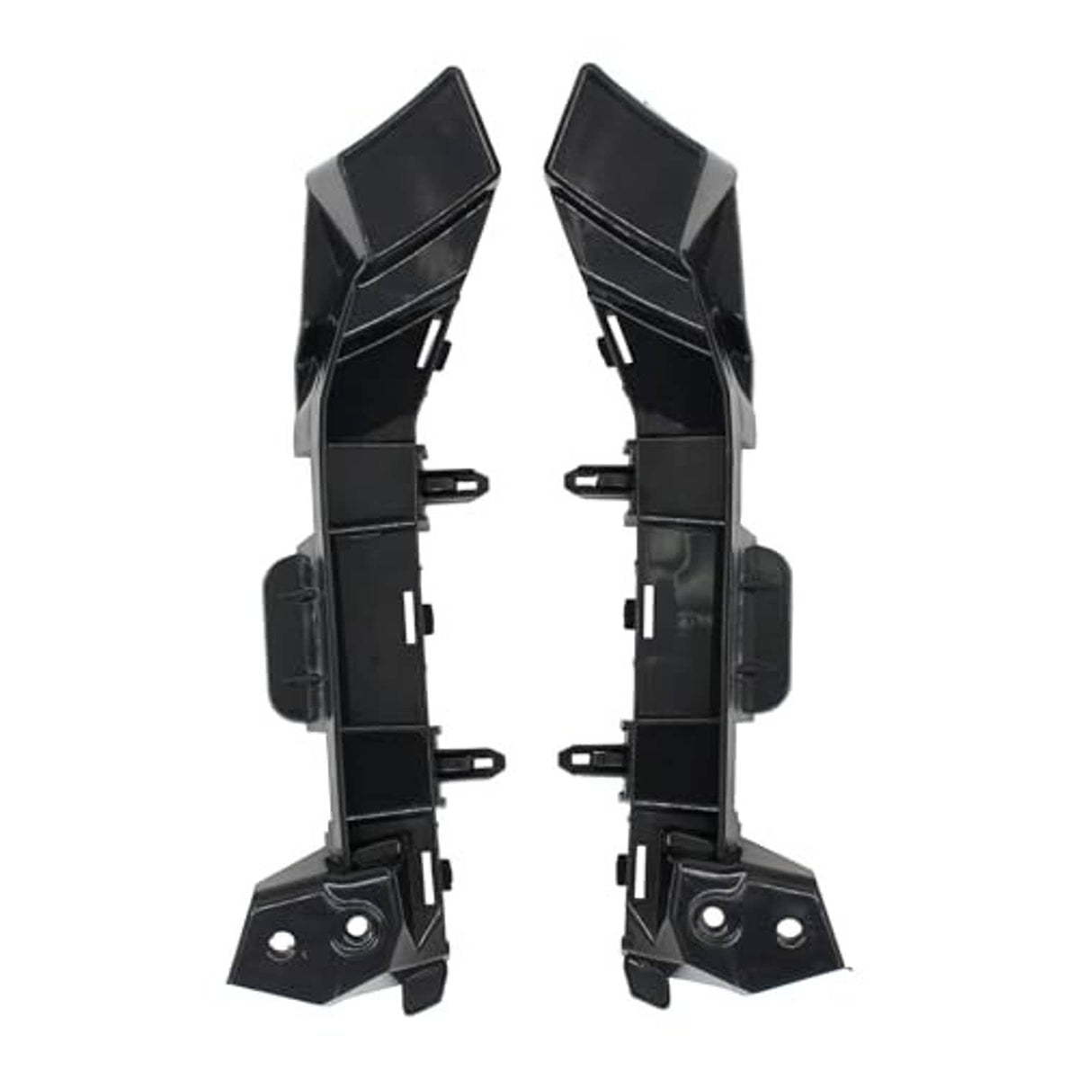 Pair front bumper guide bracket retainer supports, black plastic brackets with studs