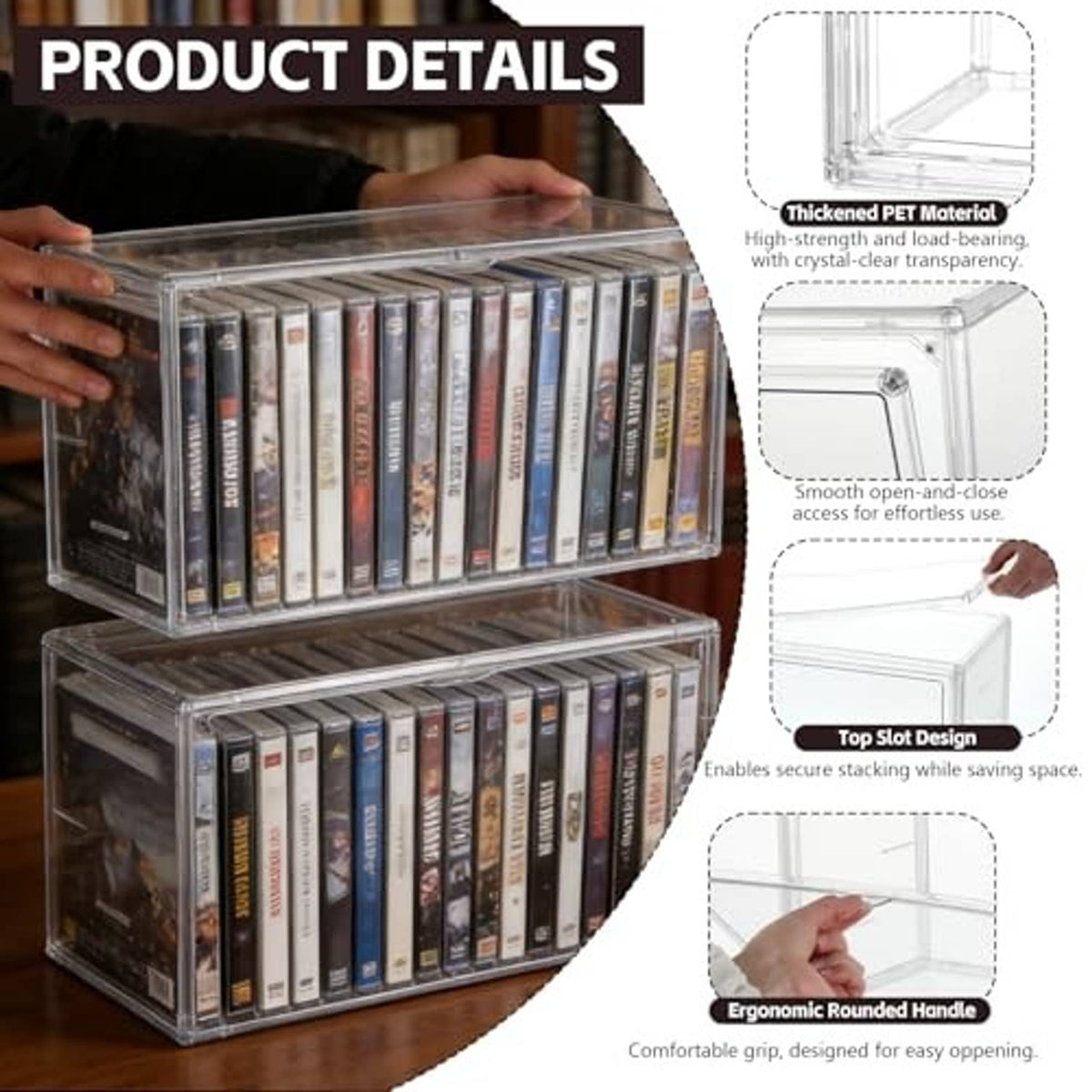 Clear stackable DVD/CD storage box with hinged door, discs organized in rows.