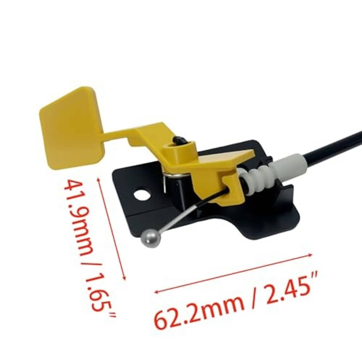Hood latch release cable mechanism with yellow latch, black bracket, and metal rod