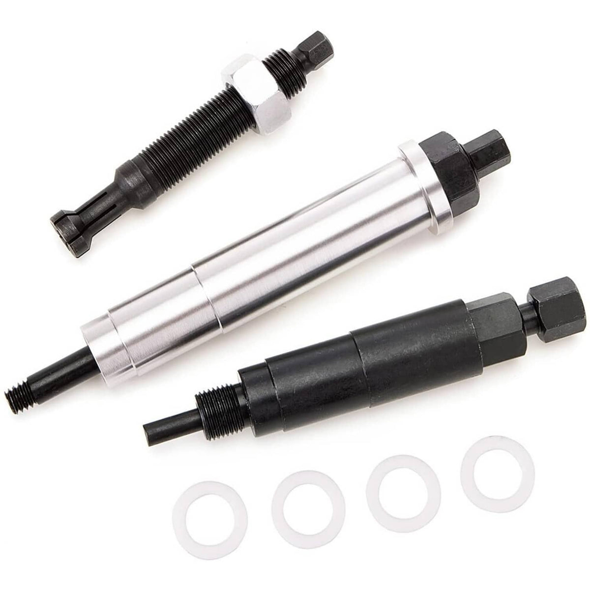 Spark plug remover tool set with black and silver housings plus four rings