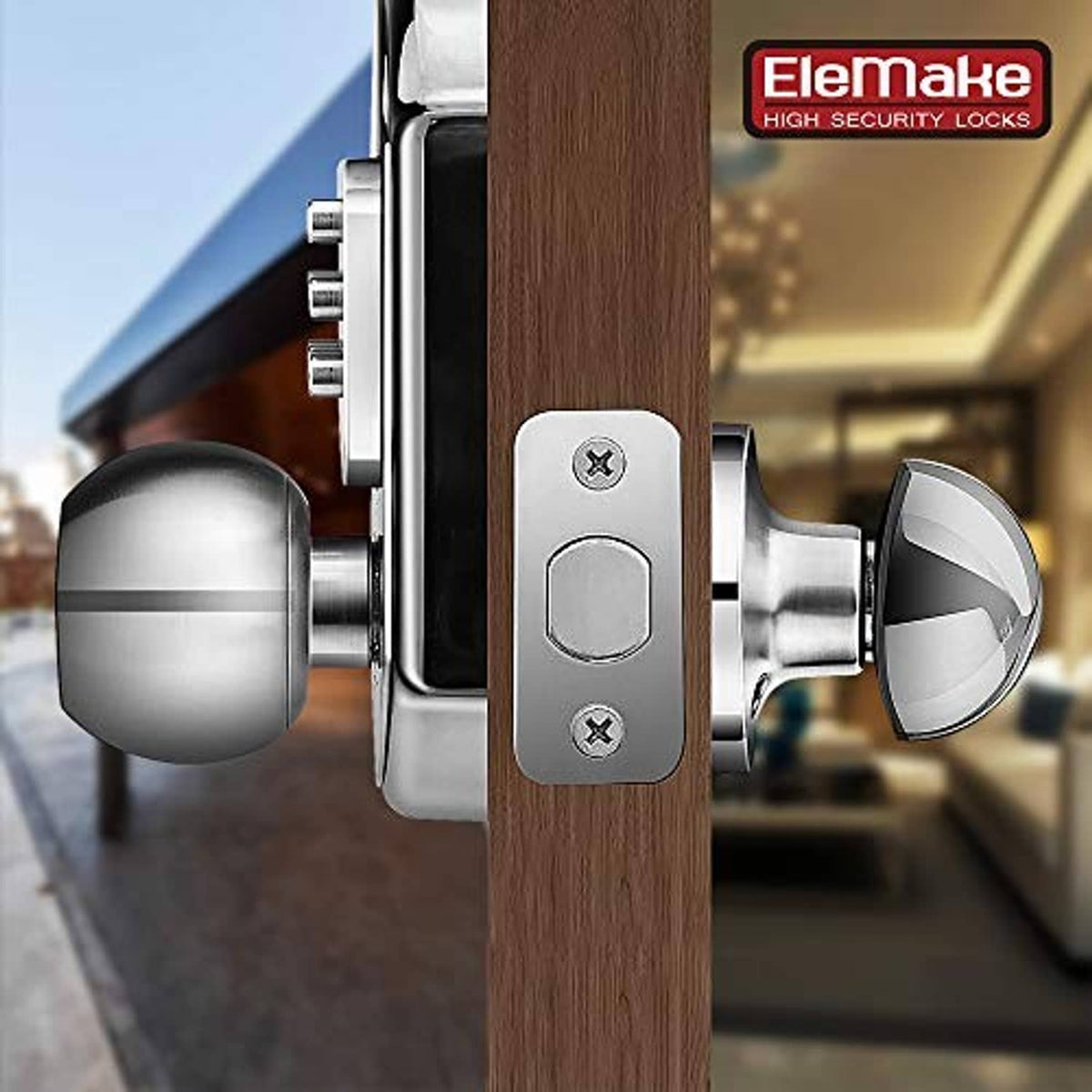 Keyless keypad deadbolt lock with keypad panel and round exterior knob on wood door