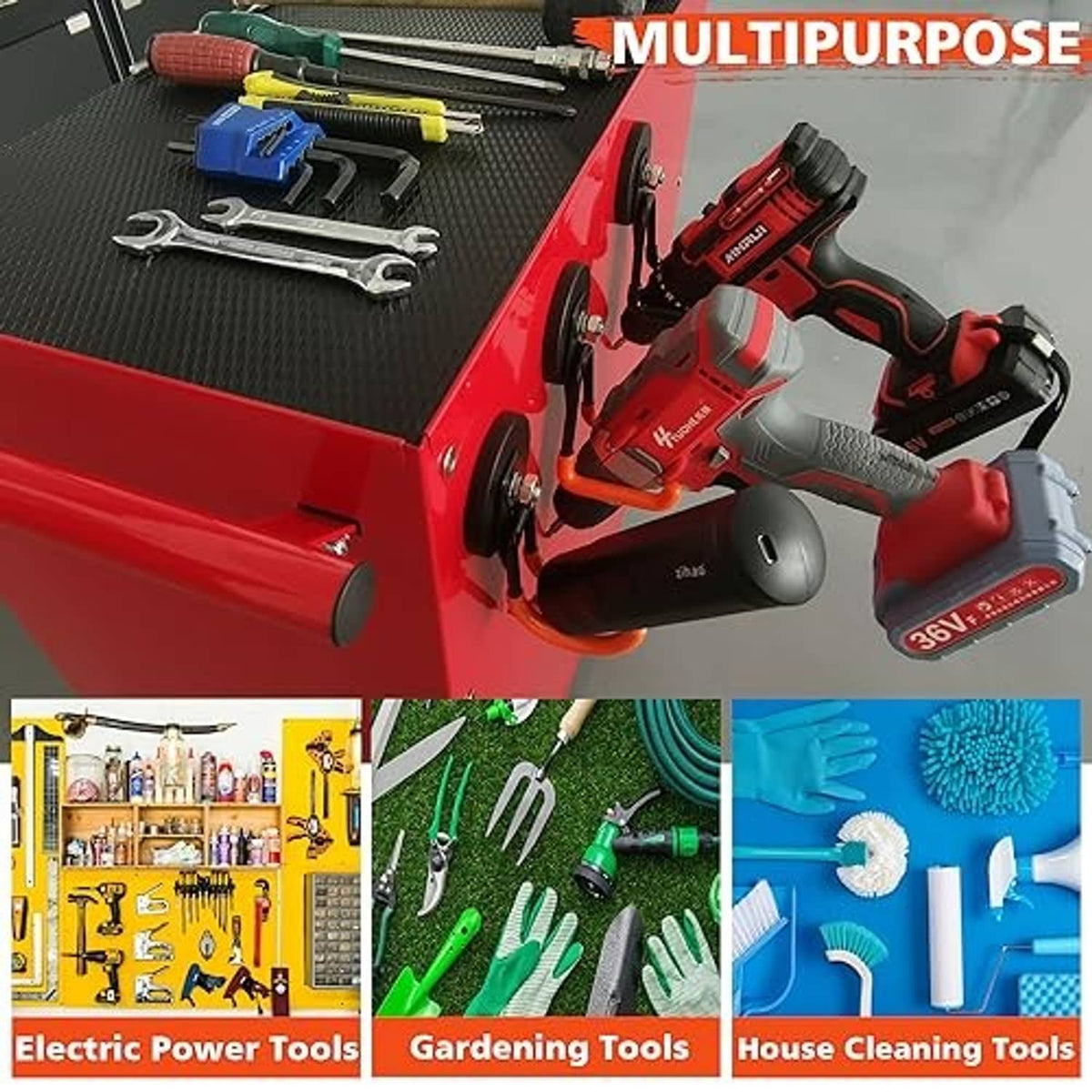 Two orange-and-black magnetic utility hooks mounted on a red toolbox surface