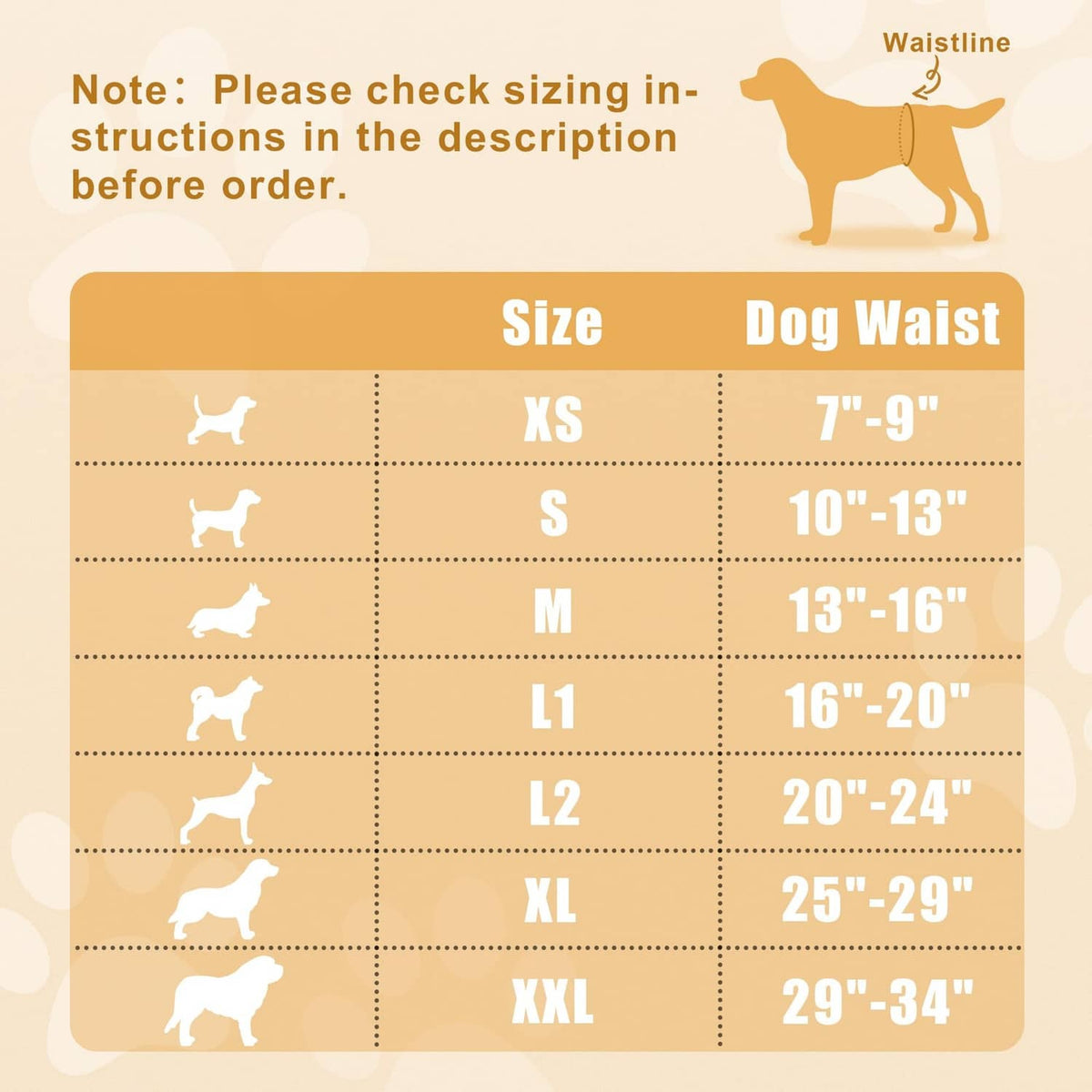 Reusable dog belly band size chart with dog waist ranges from XS to XXL