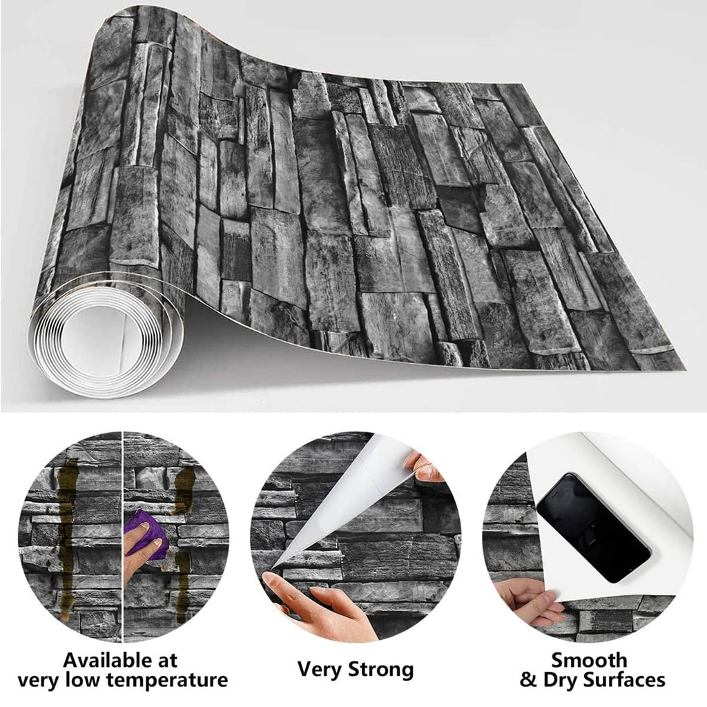 Dark gray brick-pattern wallpaper roll with backing and application icons (no text).
